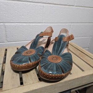 Pikolinos Sandals Puerto Vallarta Teal Leather Flower Cutout Slingback  40 9.5‎